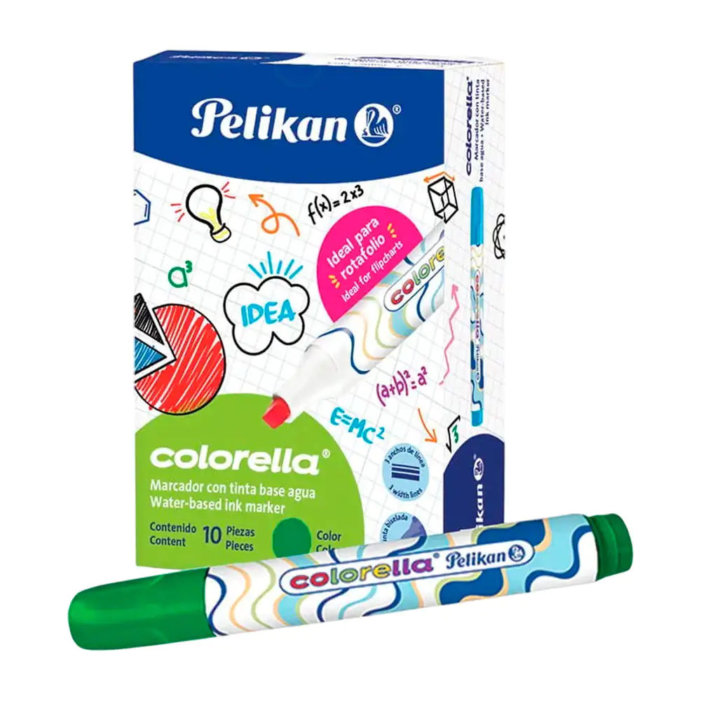 Paquete con 10 marcadores - plumones pelikan en color verde y punta biselada