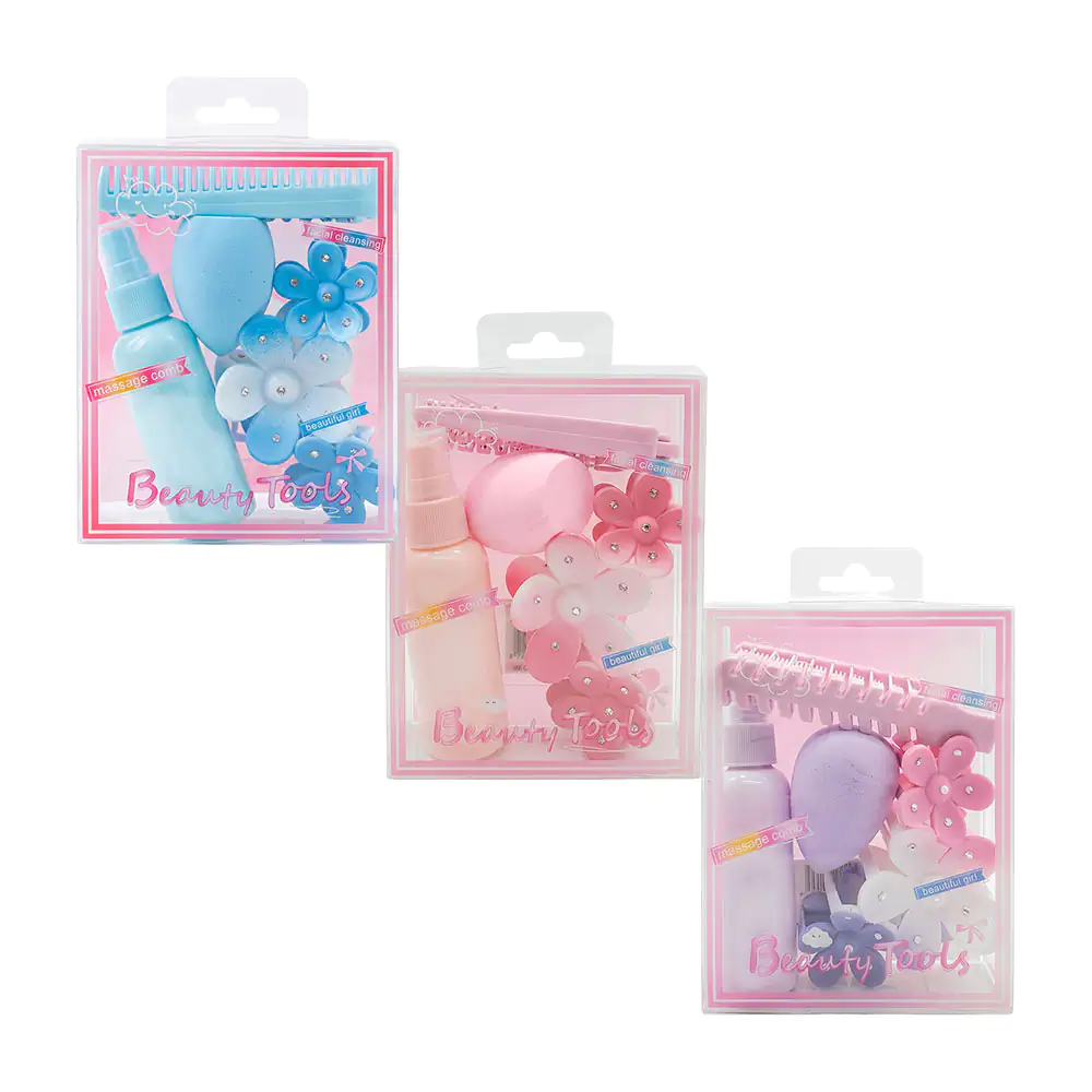 Kit de belleza con esponja aplicadora, botella, cepillo plegable + pinza, variedad de colores