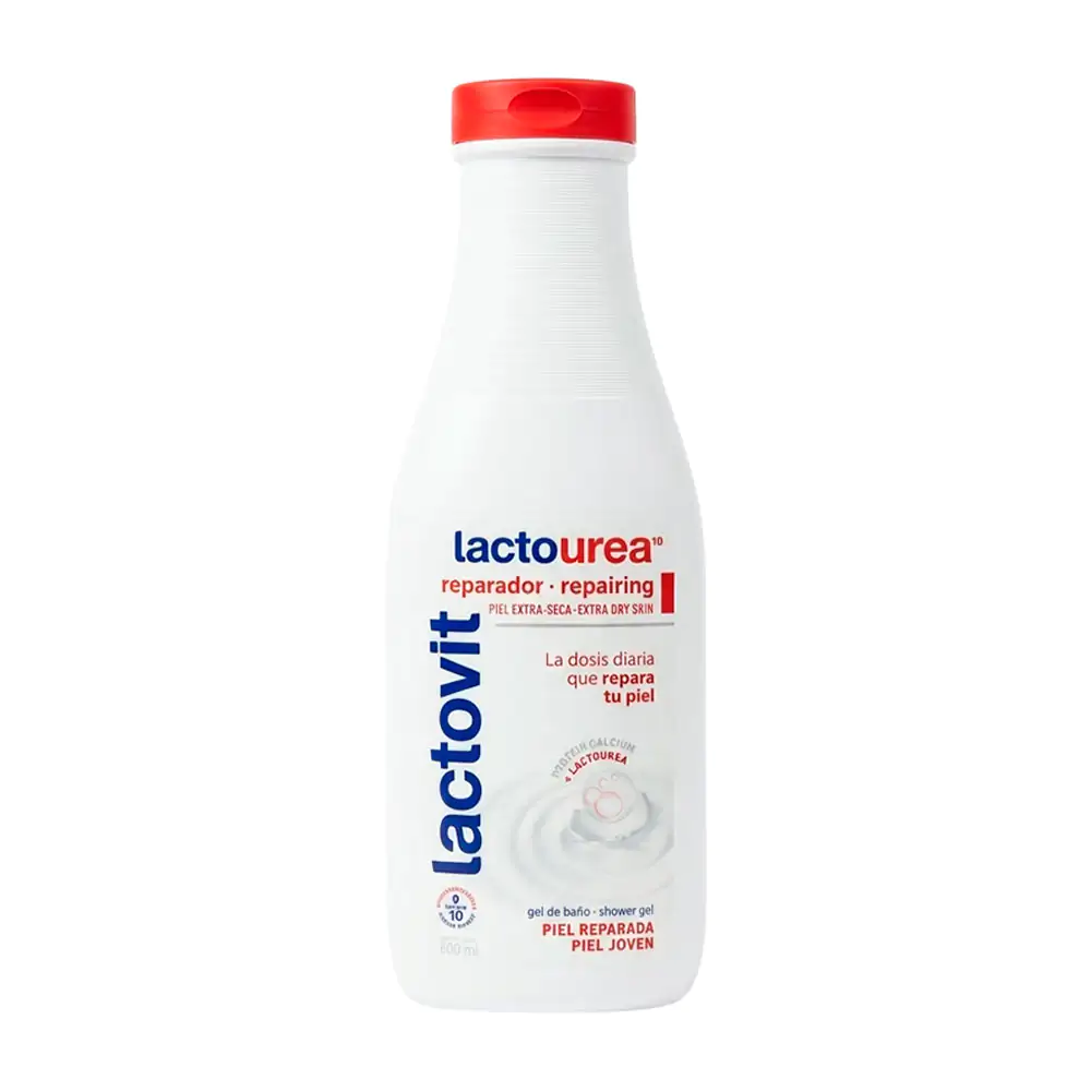 Bote con gel de baño lactovit para reparar piel extra deca, 600ml