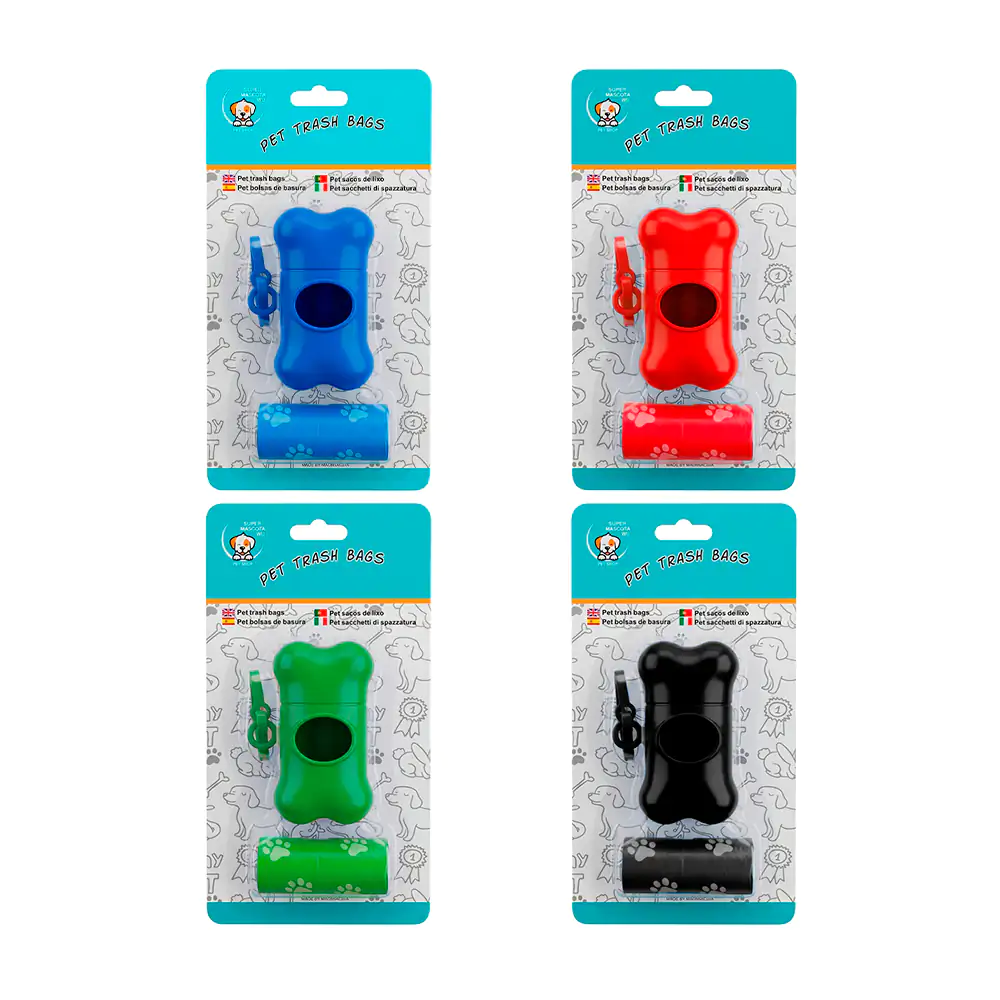 Blíster con 2 rollos de bolsa plástica para heces y llavero dispensador en forma de hueso, variedad 