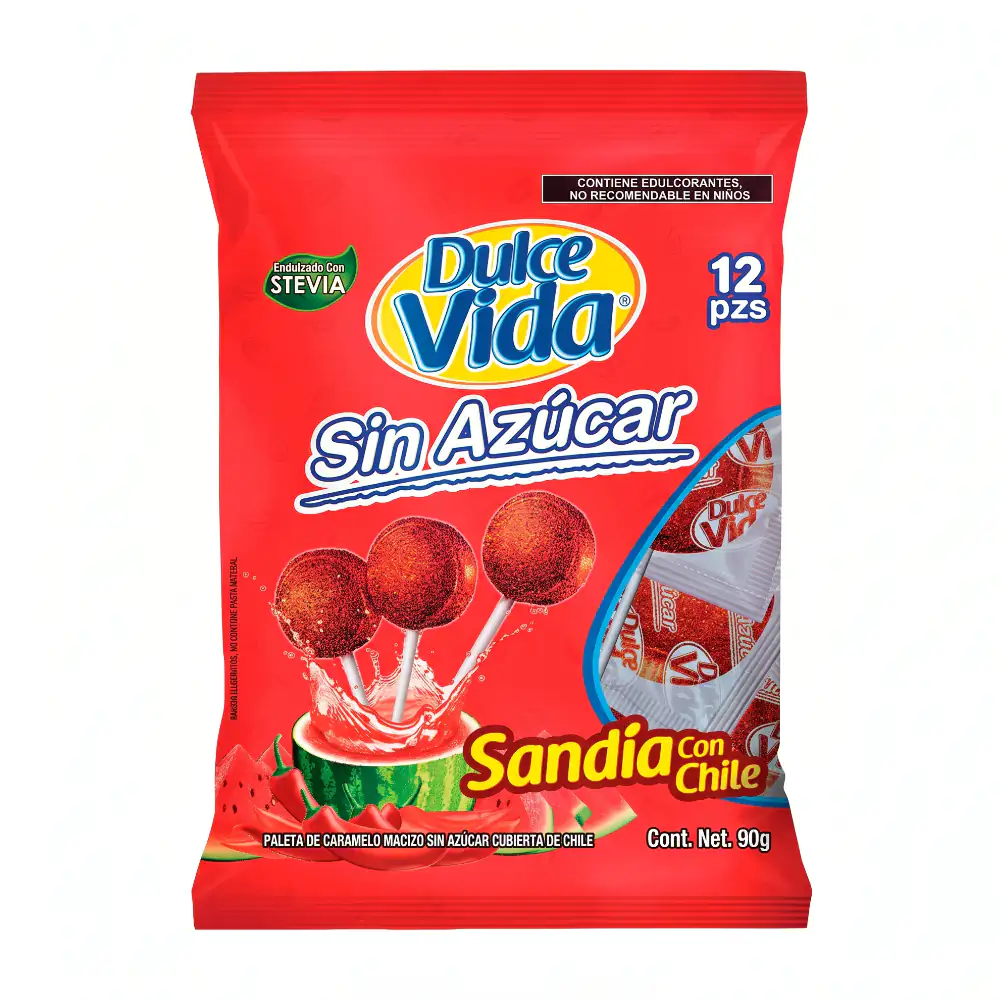 Bolsa de paletas dulce vida sabor sandia con chile sin azucar, 12 pzs, 90g / 390311