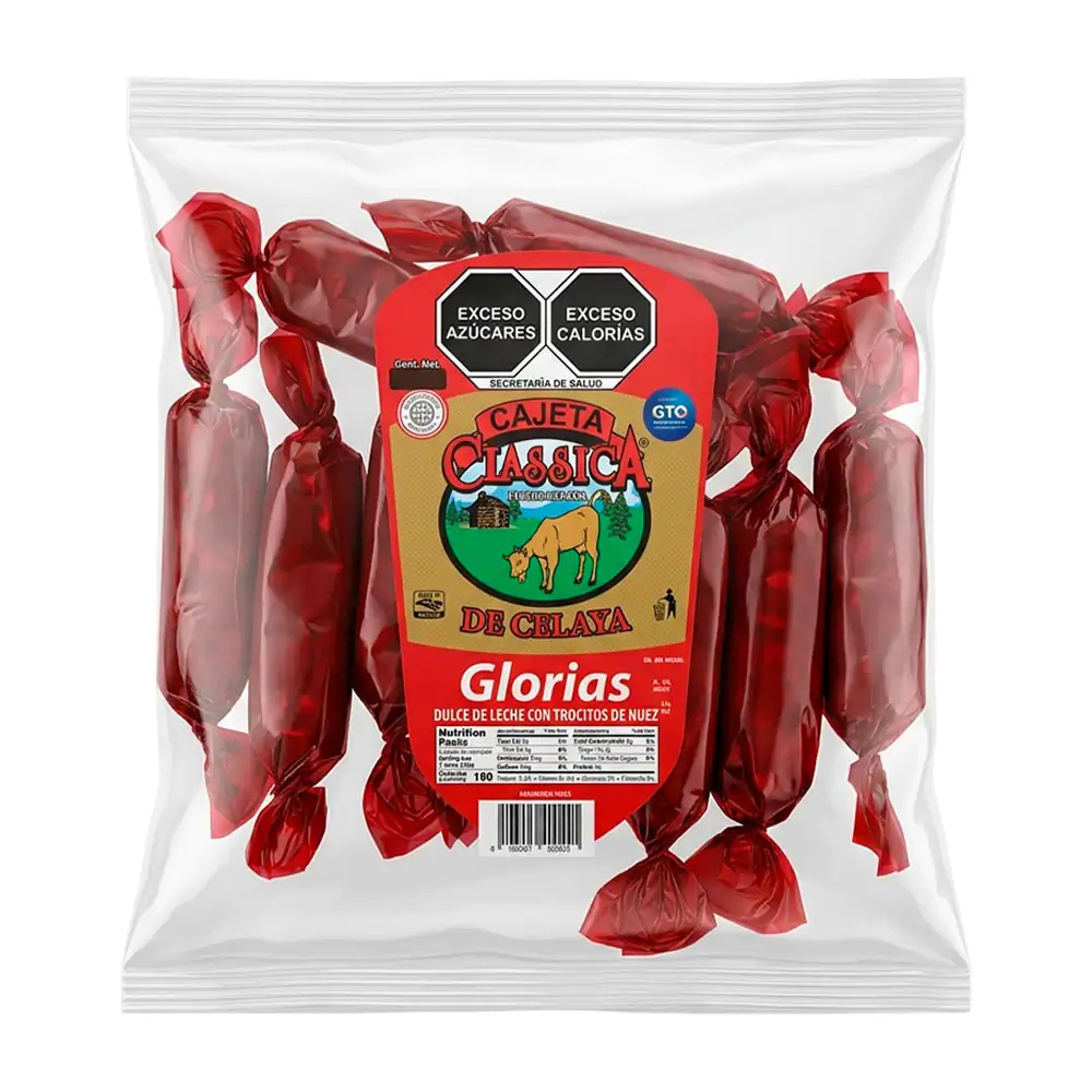 Paquete con 10 dulces de leche tipo glorias con trocitos de nuez, 200g