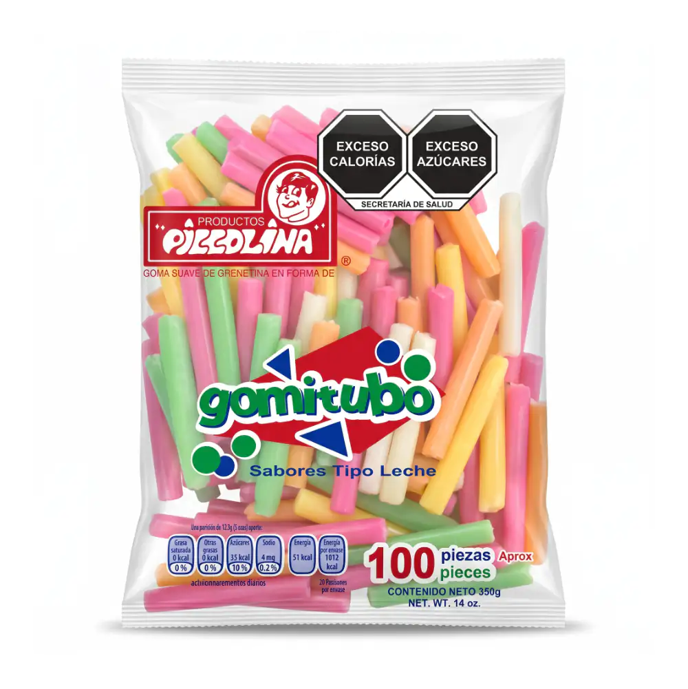 Bolsa de gomitubo piccolina sabor tipo leche, variedad de sabores, 100pzs, 350g / 403312