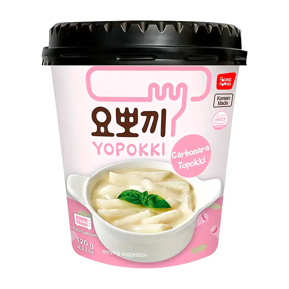 1pza vaso tipo bowl de topokki, pastel de arroz con salsa sabor carbonara, 120g, leve picoso / 403612