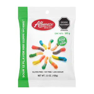 Paquete con mini gomitas de colores en forma de gusano albanese, 100g