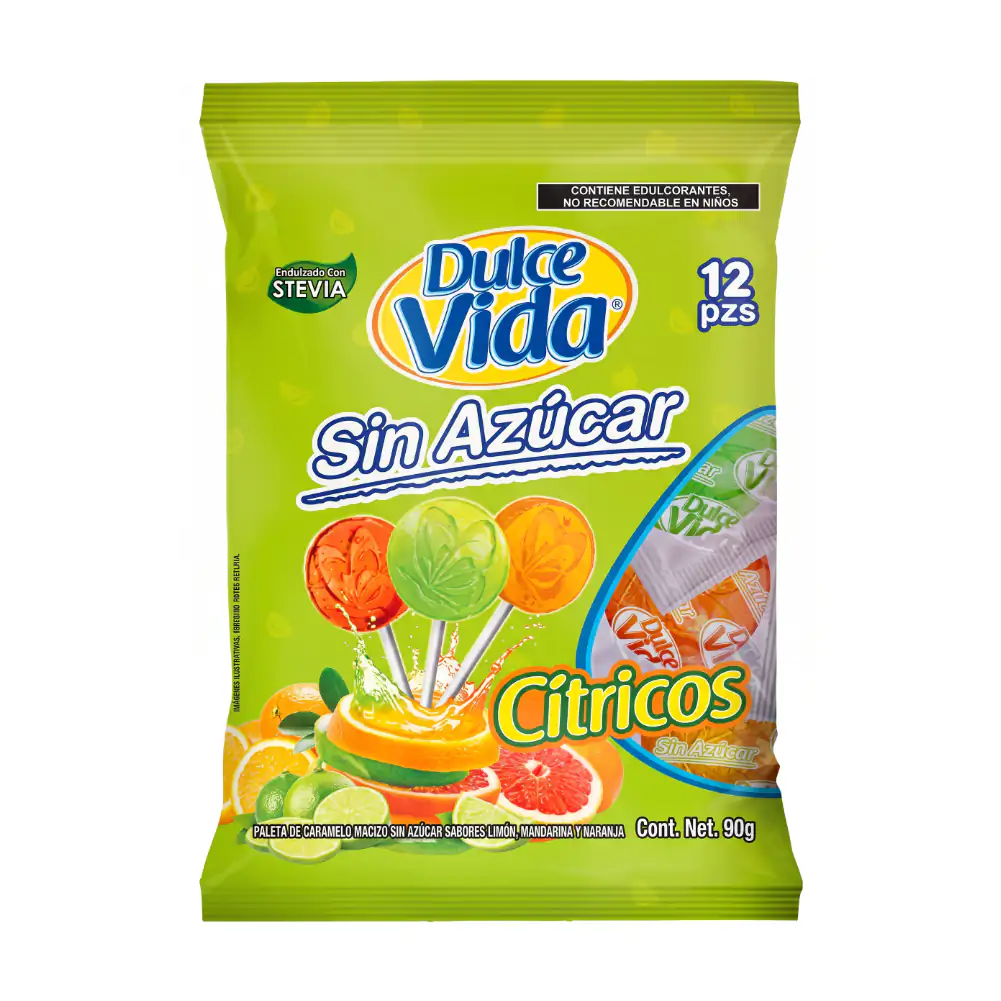 Bolsa de paletas dulce vida, citricos sin azucar, variedad de sabores, 12pzs, 90g / 532344