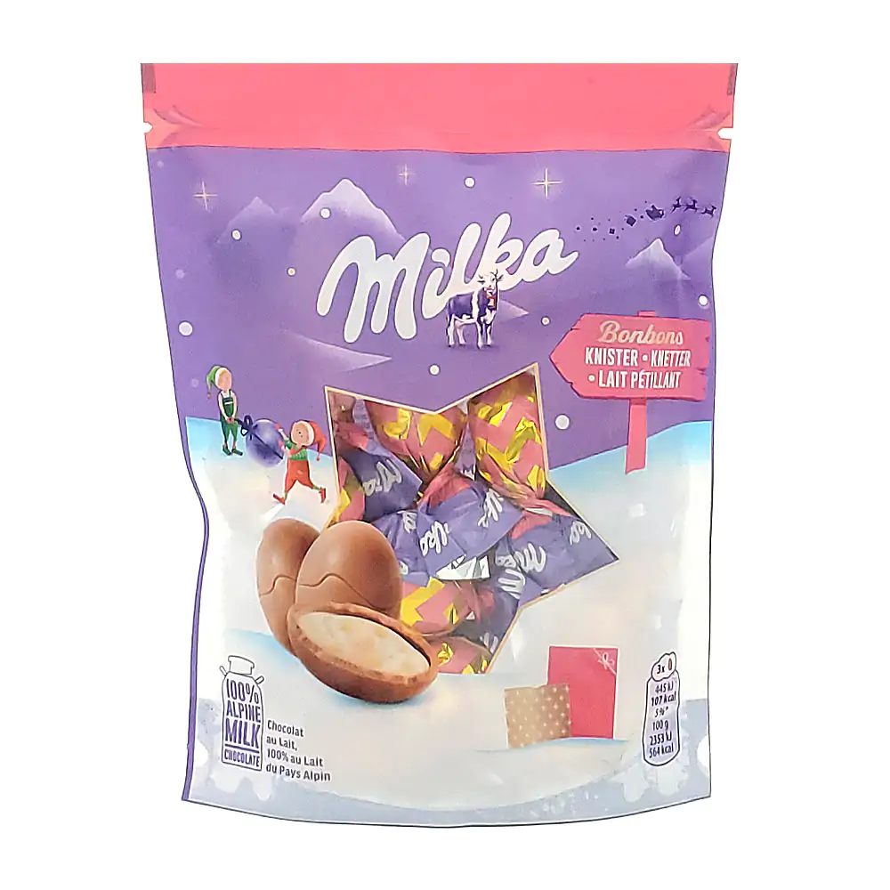 1pza bolsa con huevos de chocolate milka bonbons, rellenos de leche alpina  / 585981