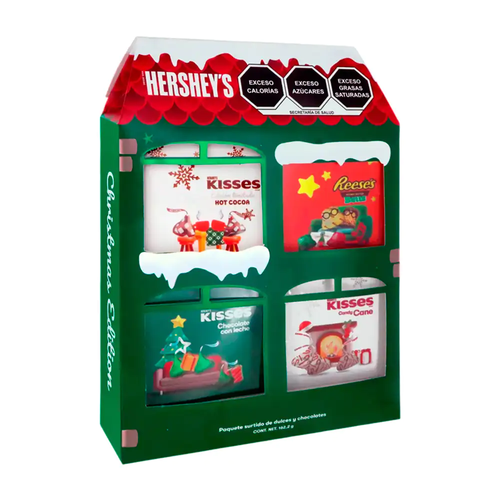 Caja en forma de casita navideña, con surtido de chocolates kisses y reese´s 162.2g / 597796