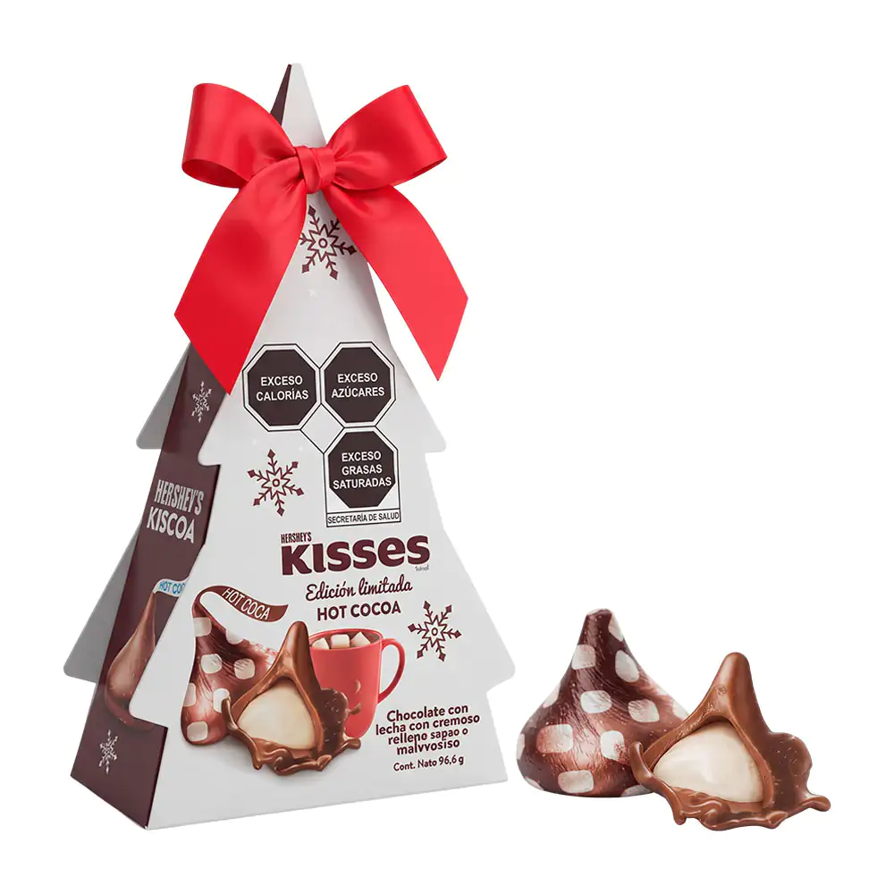 Caja kisses pino navideño , chocolate con leche y relleno suave sabor hot cocoa 96.6g / 597802