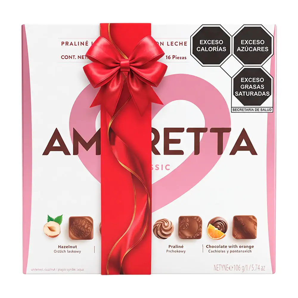 Caja con 16 mini pralinés de chocolate con leche amoretta sabor clásico, 106g 
