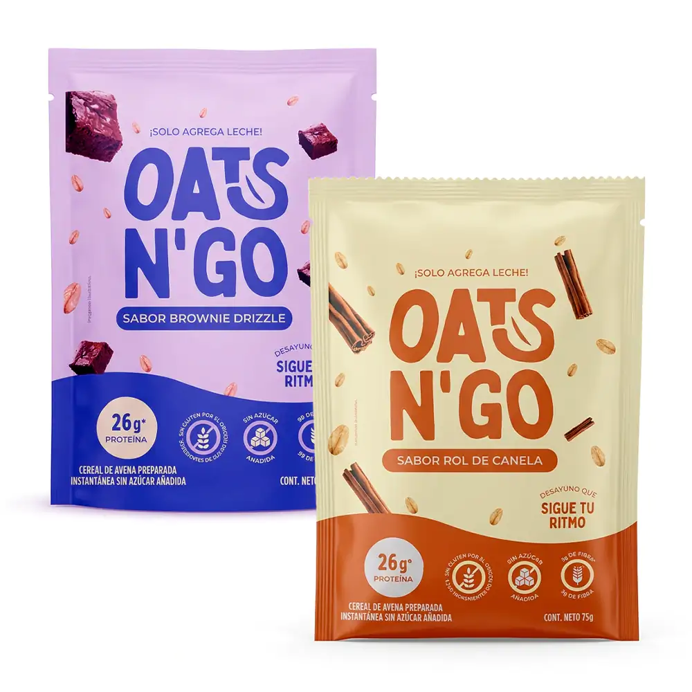 Bolsa con avena instantánea oats n´go con 26g de proteína, variedad de sabores, 75g 