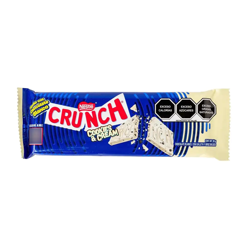 1pza barra de chocolate crunch cookies & cream, chocolate blanco con galleta y arroz inflado, 38g