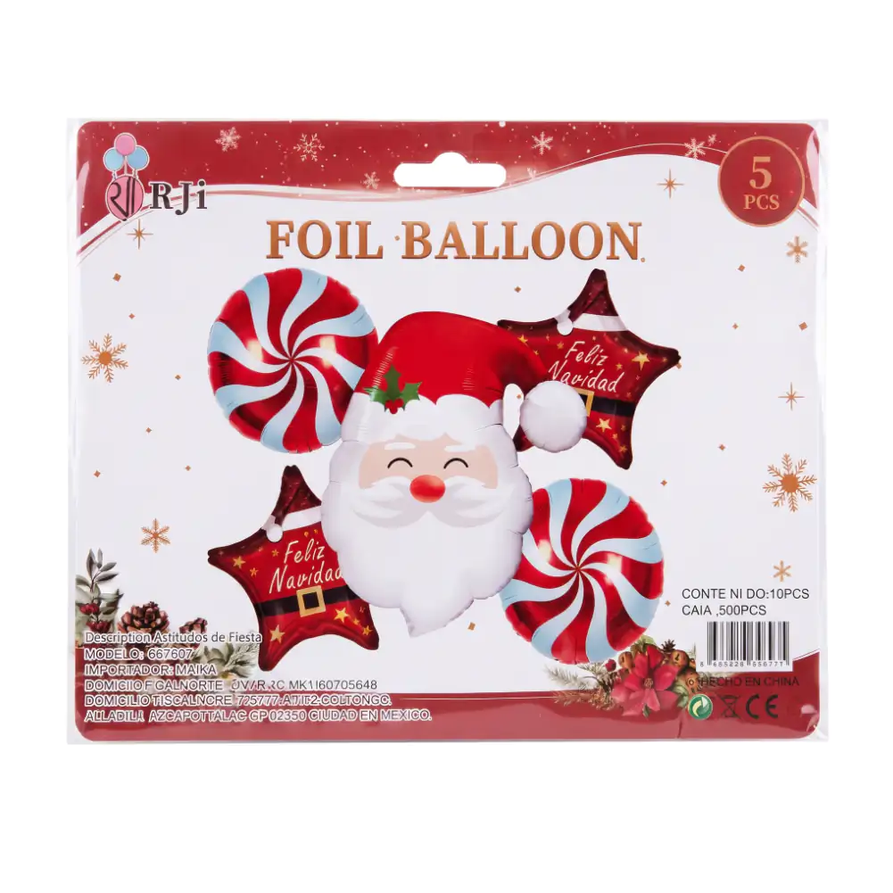 Paquete con 5pzas, globos redondos y de estrella + la cara de santa claus / 662697