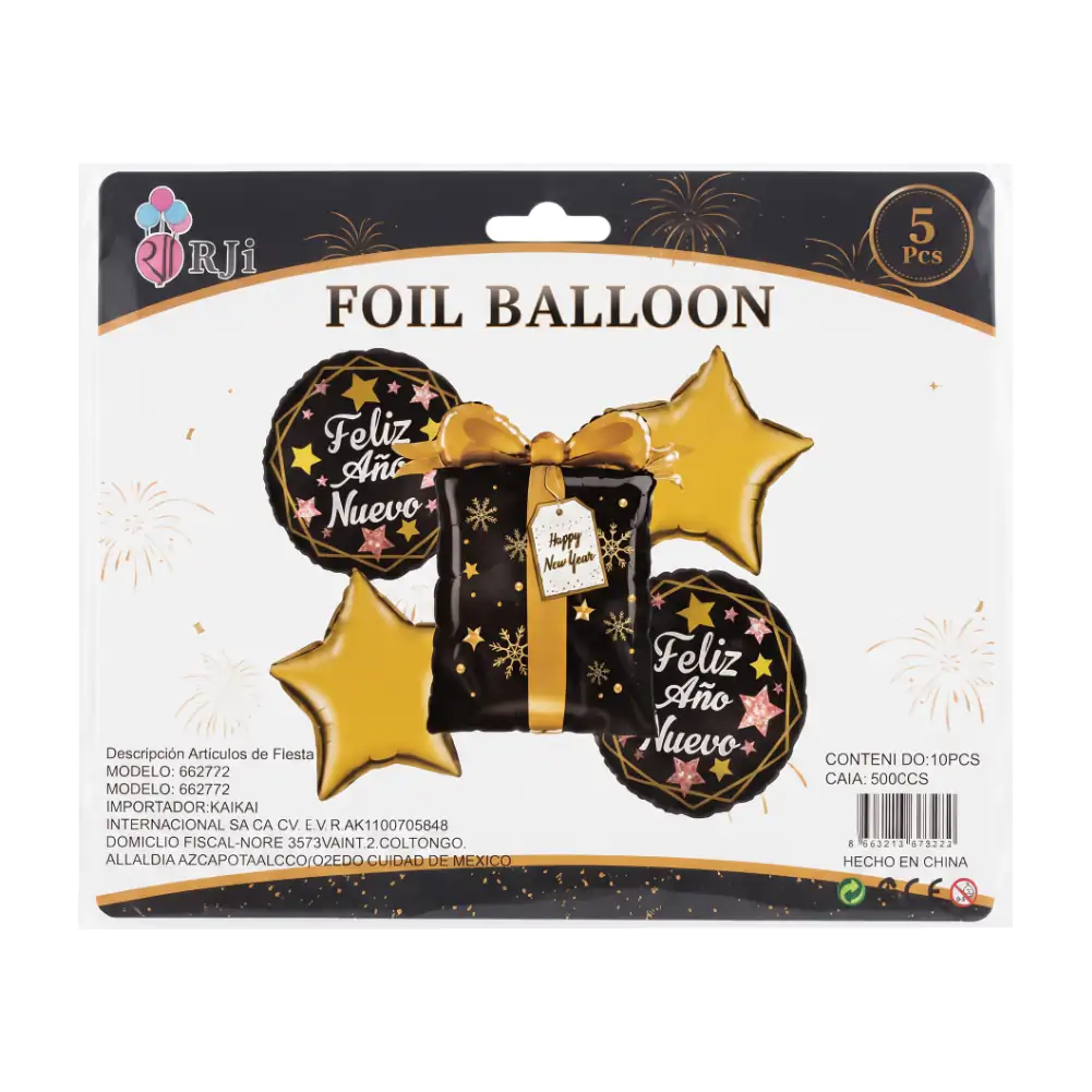 Paquete con 5pzas de globos con temática año nuevo, estrellas, regalo…