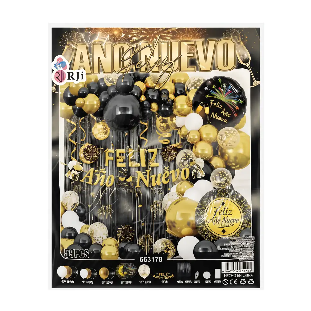 Set decorativo con temática de año nuevo, 59pzas globos negros, dorad…