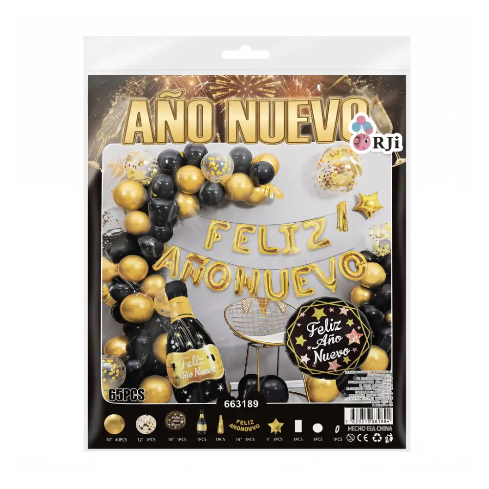 Set decorativo con temática de año nuevo, 65pzas globos negros, dorados y globos de feliz año nuevo