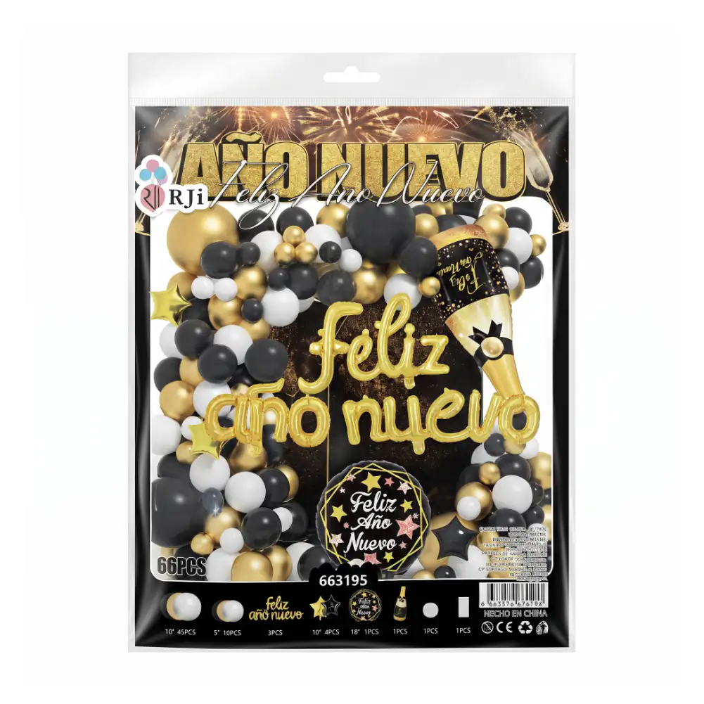 Set decorativo, temática de feliz año nuevo, 66pzas globos negros, do…