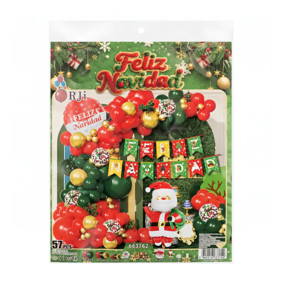 Set decorativo navideño, 57pzas globos rojos, verdes y dorados + guir…
