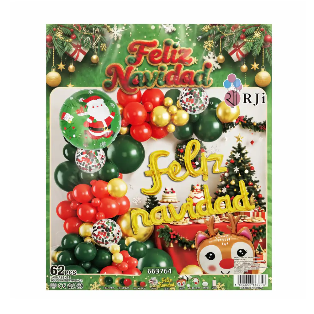 Set decorativo feliz navidad, 62pzas globos verdes, dorados, rojos + letrero de globo feliz navidad