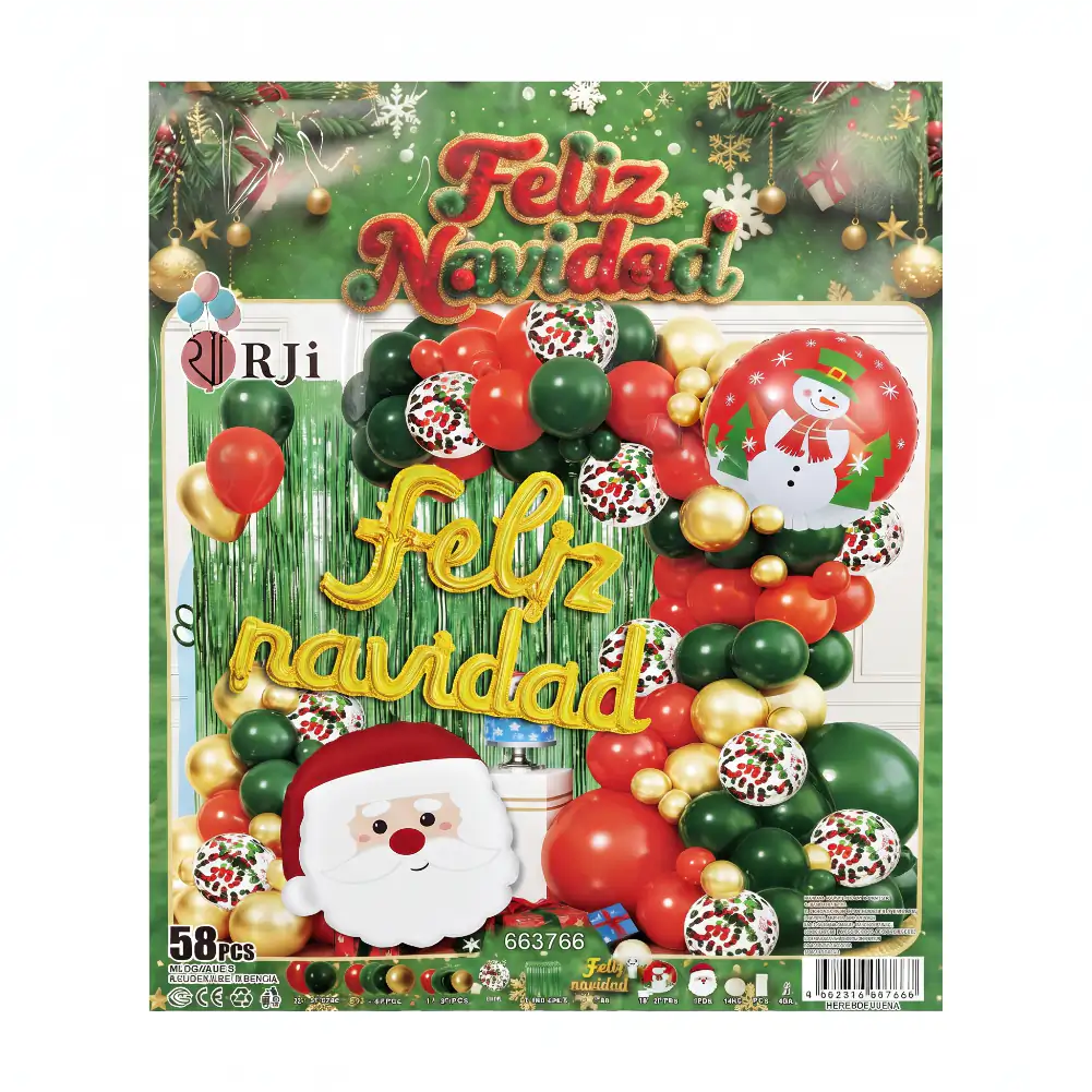 Set decorativo navideño, 58pzas globos rojos, verdes y conffeti + letrero globo de feliz navidad
