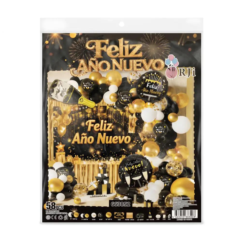 Set decorativo con temática de año nuevo, 58pzas globos negros, dorad…