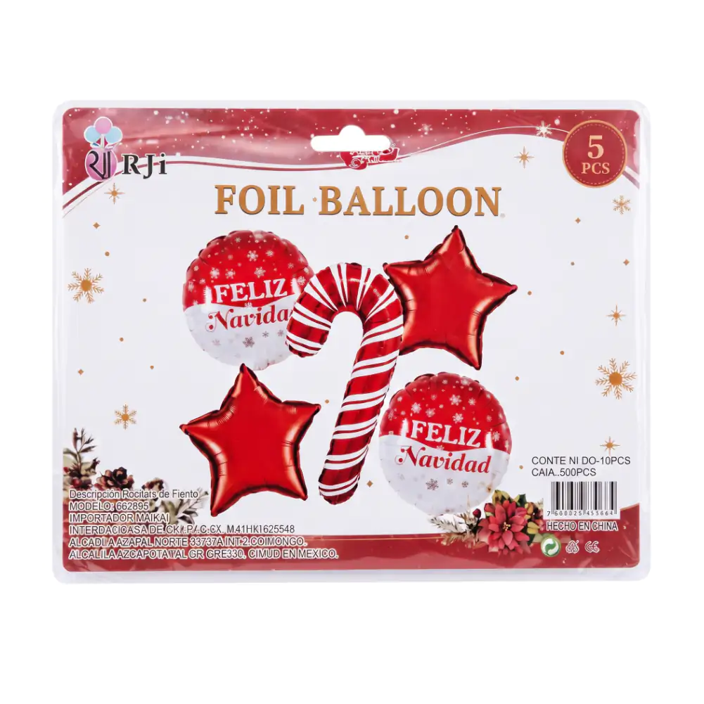 Paquete con 5pzas, globos decorativos con temática navideña, estrella…