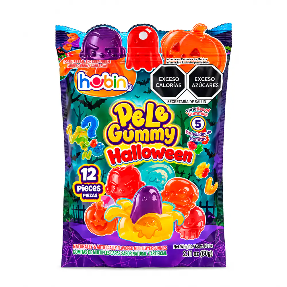 Paquete con 12 gomitas pelables pele gummy con tematica de halloween, 60g, variedad