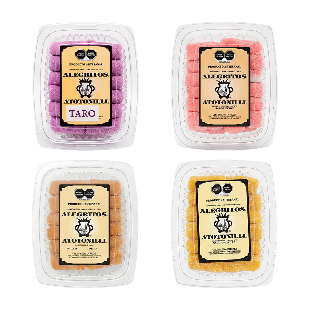Cajita con 24 dulces envinados tipo borrachitos alegritos atotonilli, 300g, variedad de sabores