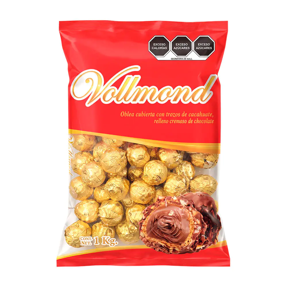 Bolsa de chocolate vollmond, oblea cubierta con cacahuate y relleno cremoso de cacao 1k / 875168