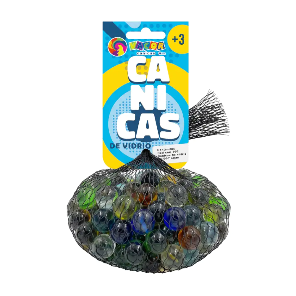 Costal de malla con 100 canicas de vidrio con diseño de aguitas 14mm, variedad de colores / 900016
