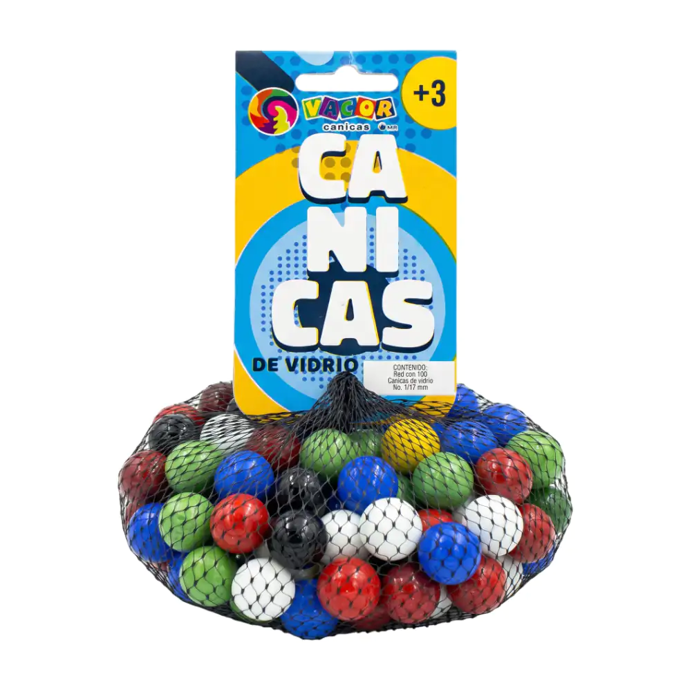 Costal de malla con 100 canicas de vidrio con diseño de ponche 17mm, variedad de colores / 900313