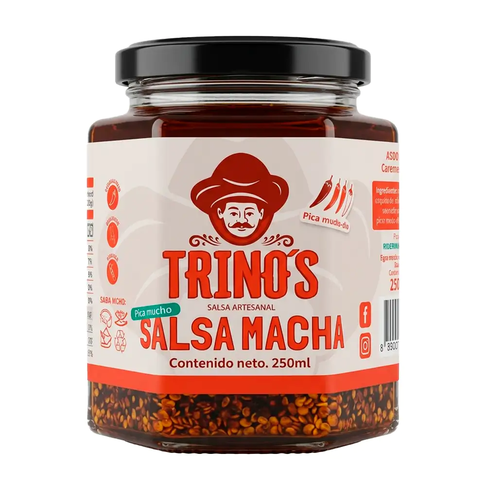 Frasco de salsa macha artesanal trinos con nivel de picor medio - alto, 250ml