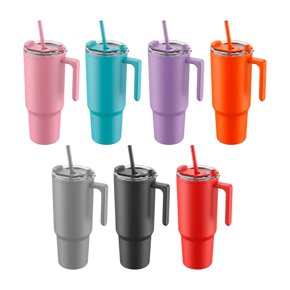 Termo de acero inoxidable, doble boquilla, asa de plástico y popote, aprox 51oz, variedad de colores