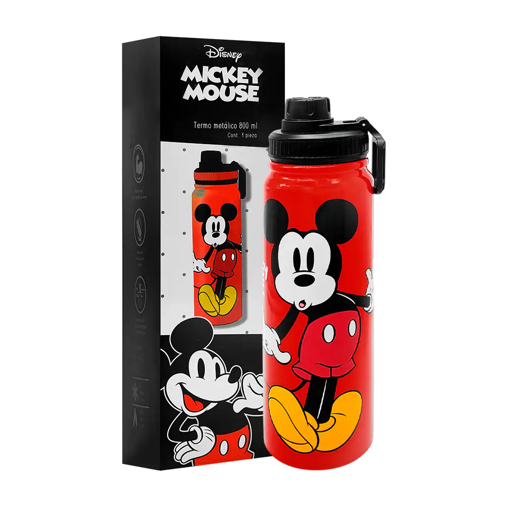 Botella tipo termo metálico con capacidad de 800ml y estampado de Mickey mouse + popote 