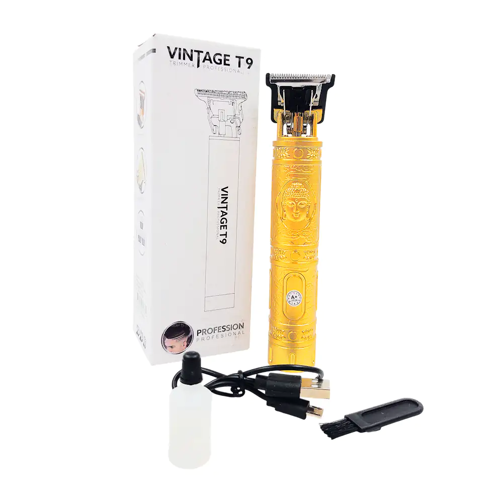 Máquina vintage inalámbrica con diseño dorado de buda + 3 peines intercambiables para cortar cabello