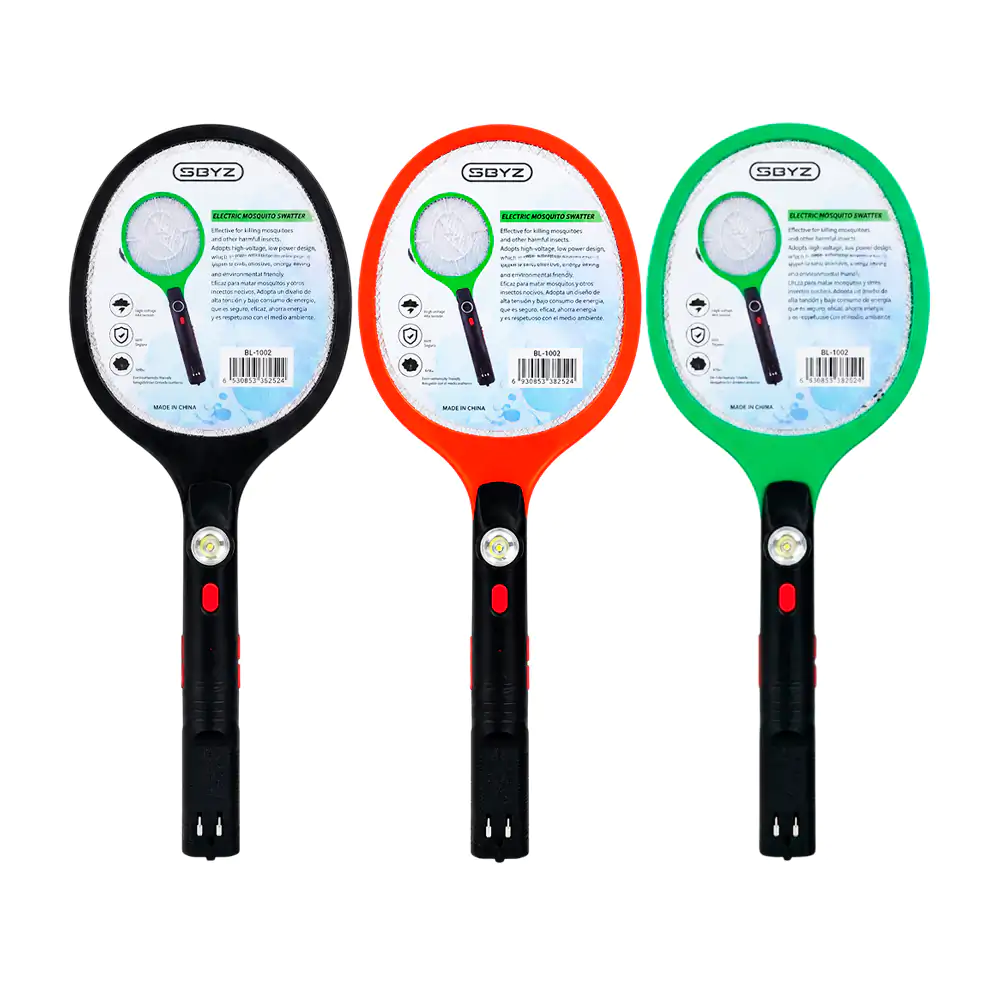 1pza Raqueta eléctrica mata mosquitos recargable byz con luz y botón de seguridad, variedad