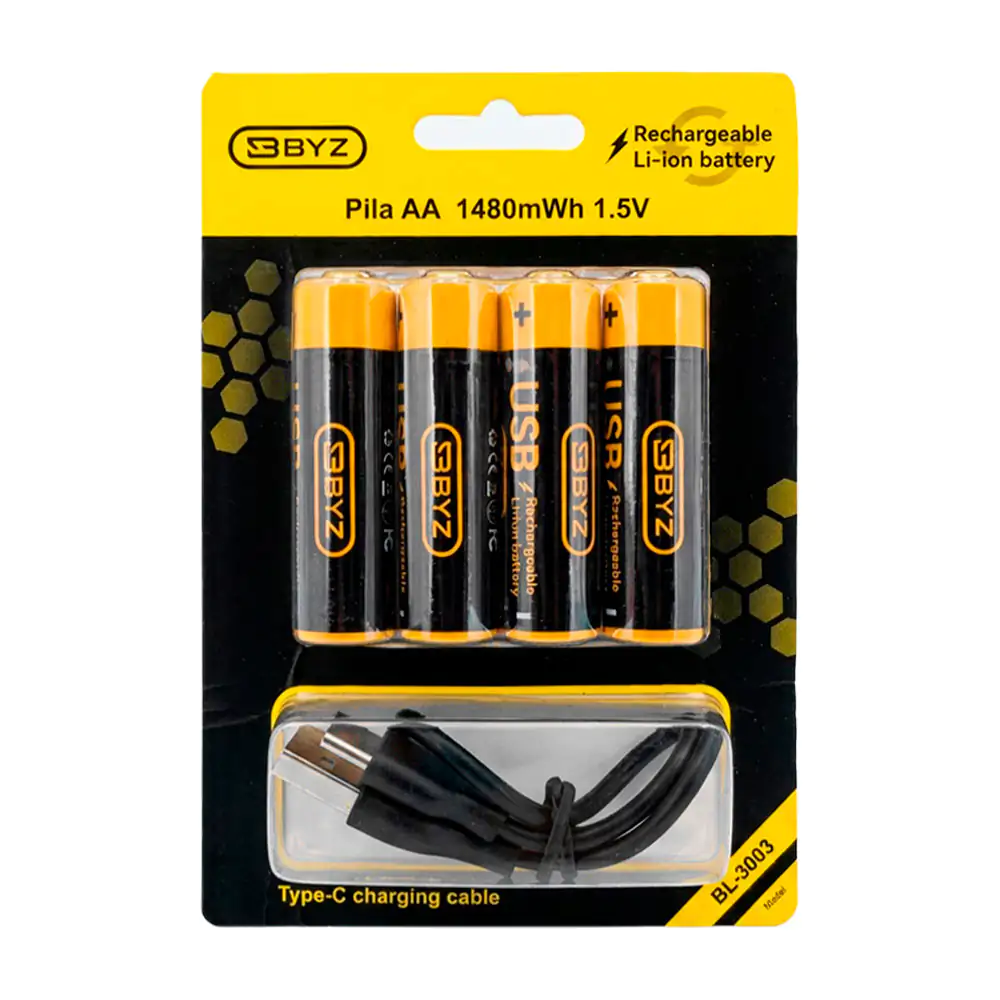 Blíster con 4 baterías recargables bzy doble aa de 1480mah 