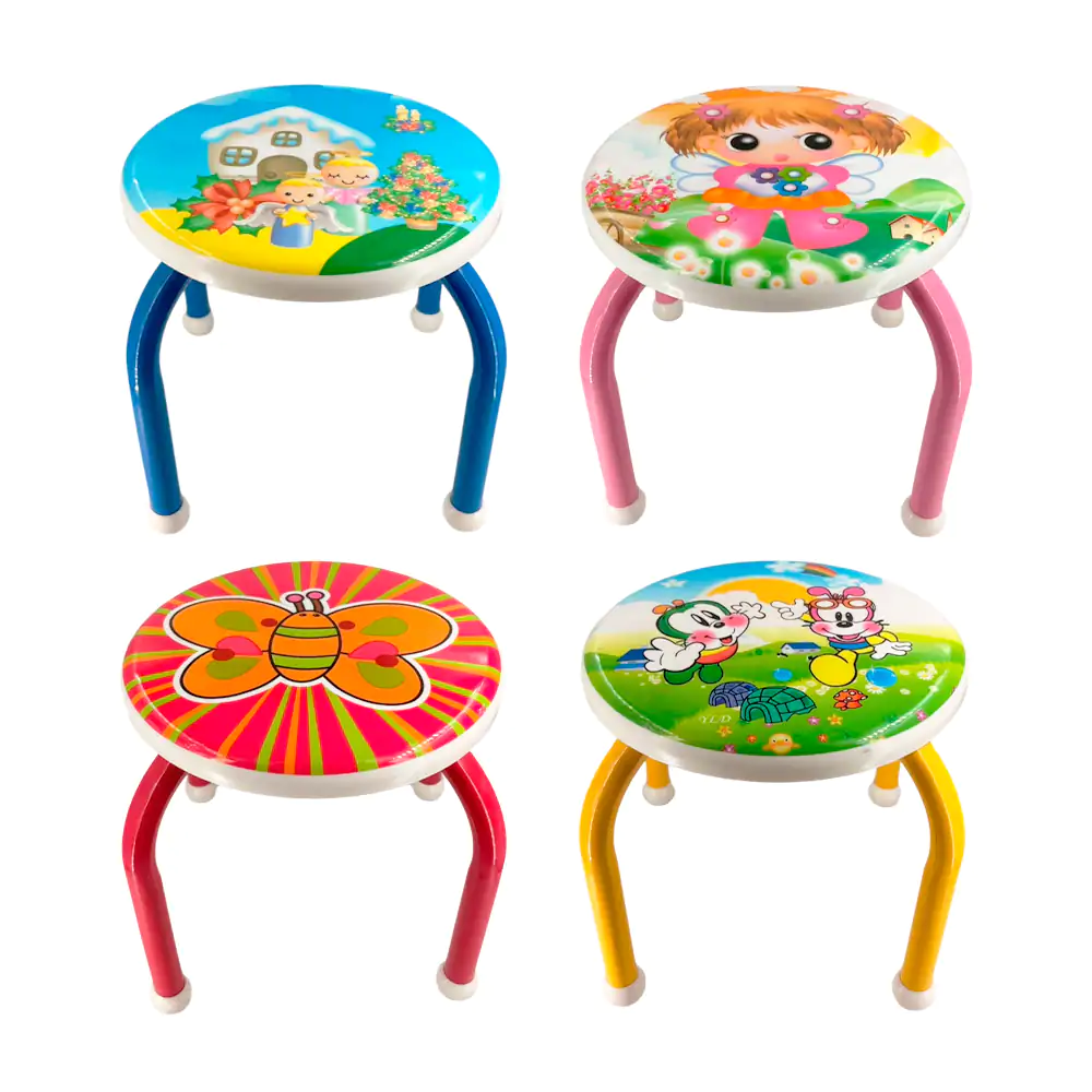 Banco infantil metálico con asiento de plástico y diseño kawaii, 25cm, variedad