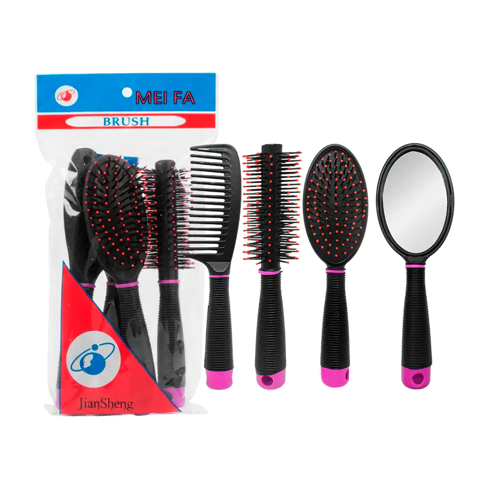 Set de belleza con 2 cepillos,1 peine, un espejo y mango antideslizante