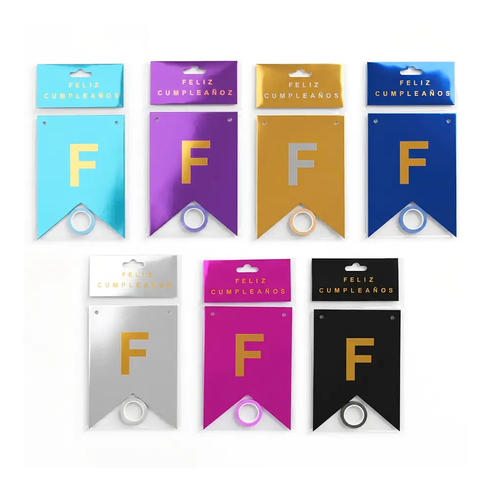 Banderín feliz cumpleaños colgante y letras en colores metálicos, var…