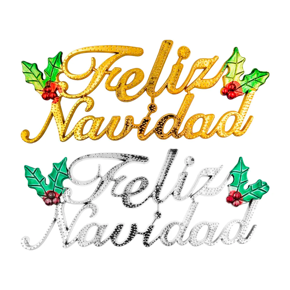 Adorno colgante con la frase feliz navidad en tono metálico 15cm, var…