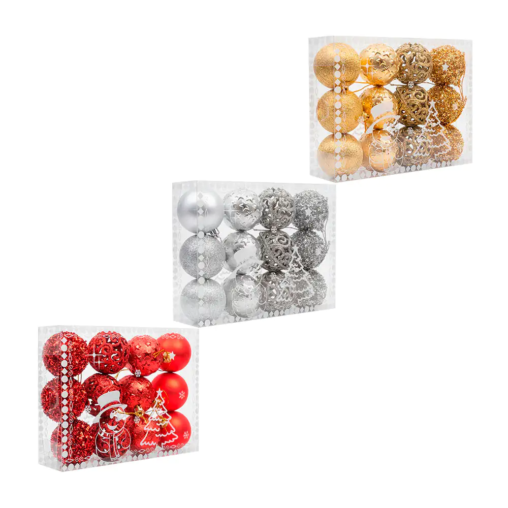 Blister con 12pzas esferas con diseño matte, brillo, estrellas y text…