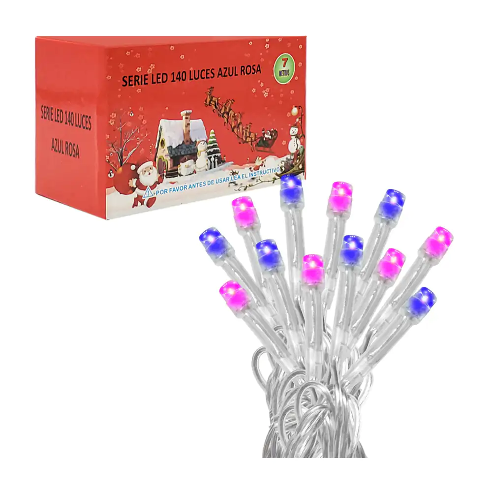 Serie navideña de 7m con cable transparente y 140 luces en color azul-rosa / j6114