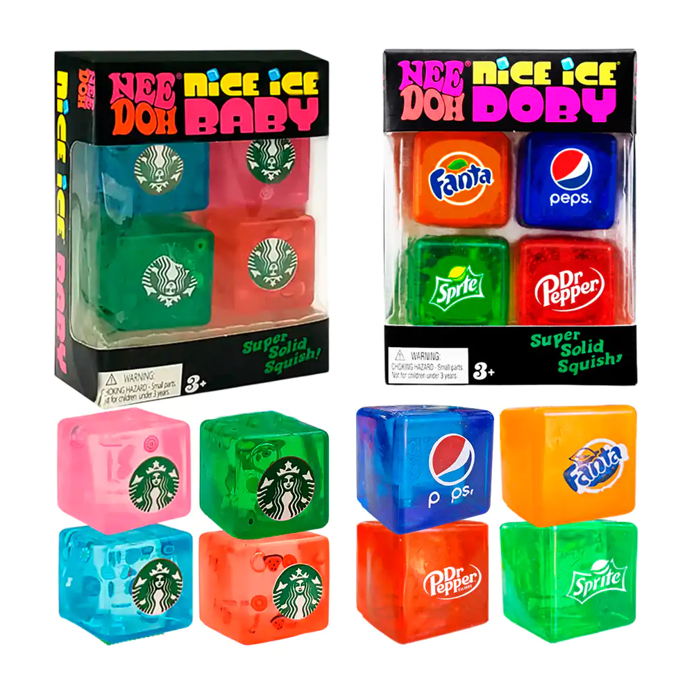 Paquete 4pzas de mini squeezes en forma de cubo con tematica de marca de refresco, variedad de colores