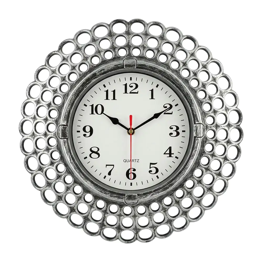 Reloj redondo 25cm para pared con diseño de círculos y esferas plateadas + bordes texturizados / ks020