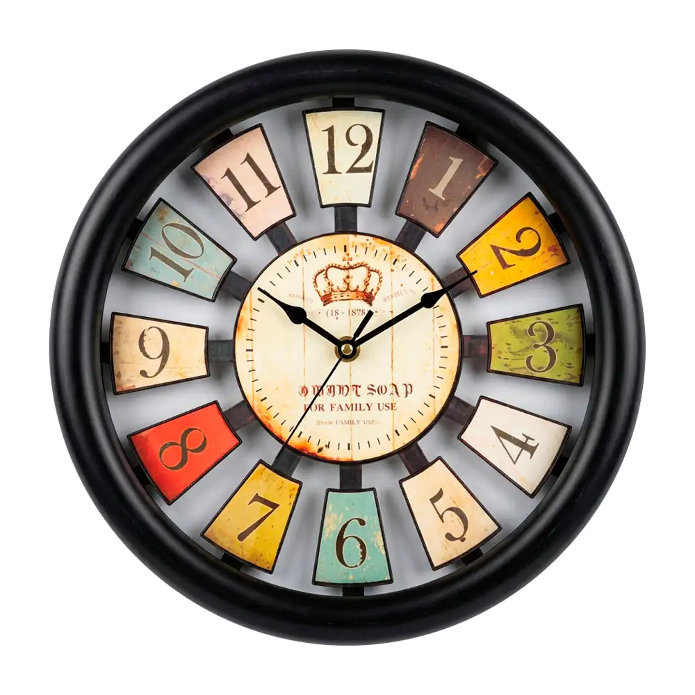 Reloj redondo 29cm para pared con estilo vintage con marco negro numeros coloridos estilo retro