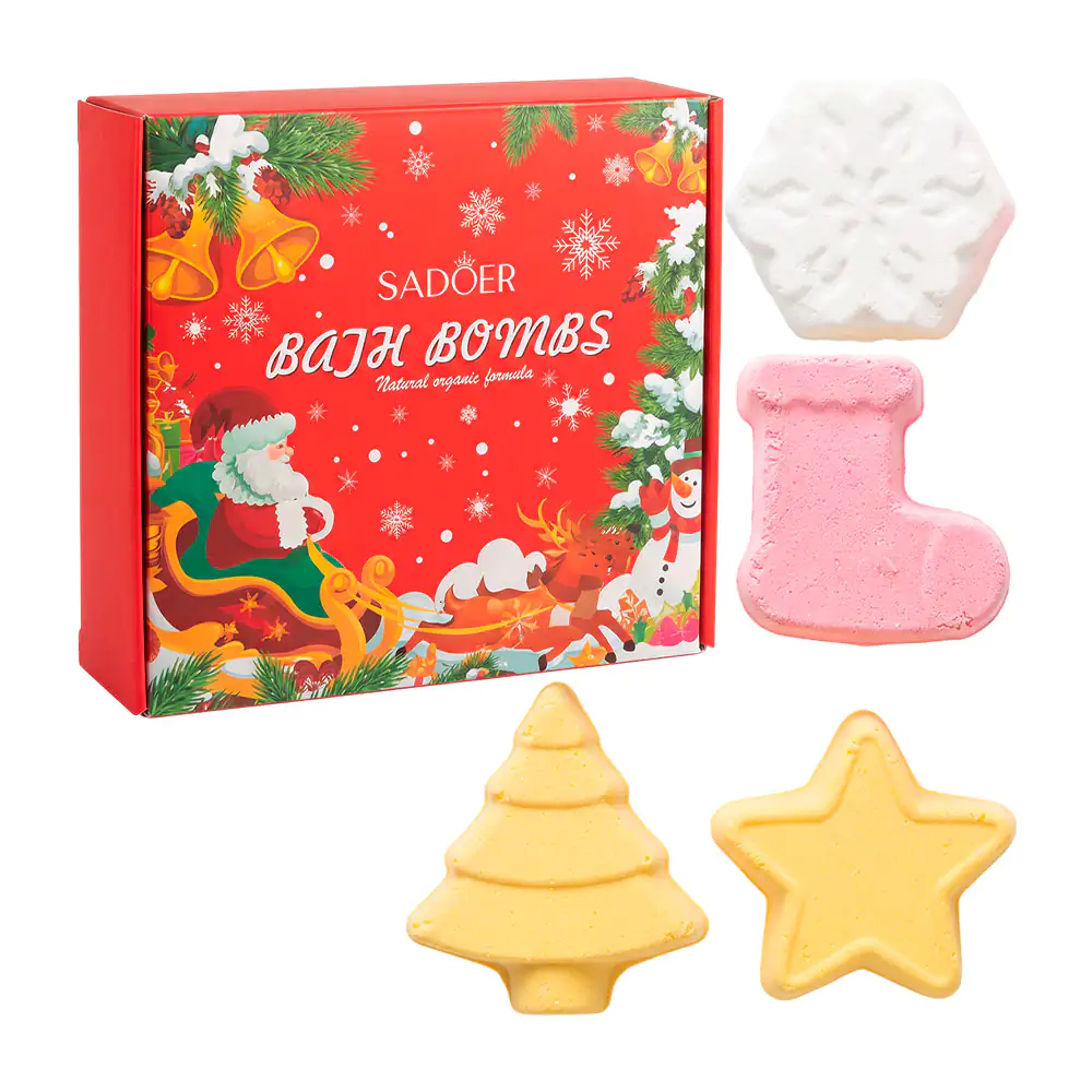 Paquete con 4 bombas de baño, temática navideña, sales con aroma y esencias para spa