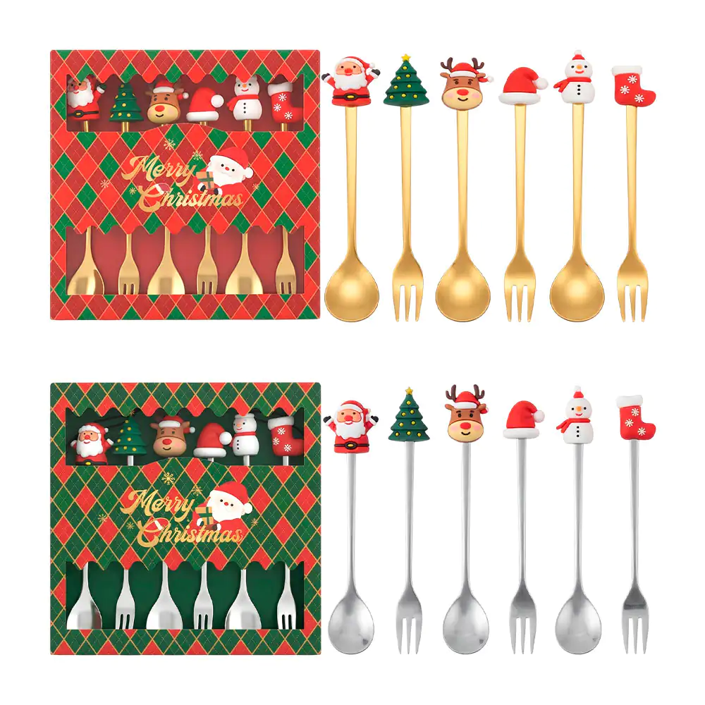 Juego de 6 cubiertos metálicos con mini figuras navideñas de silicón, variedad de modelos 