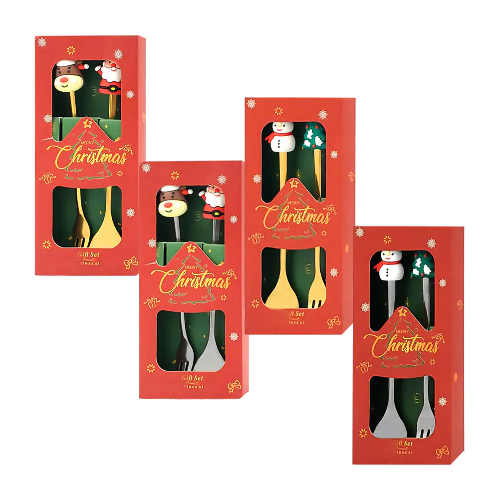 Juego de cuchara y tenedor metálicas con diseño en forma de personajes navideños / lu99451