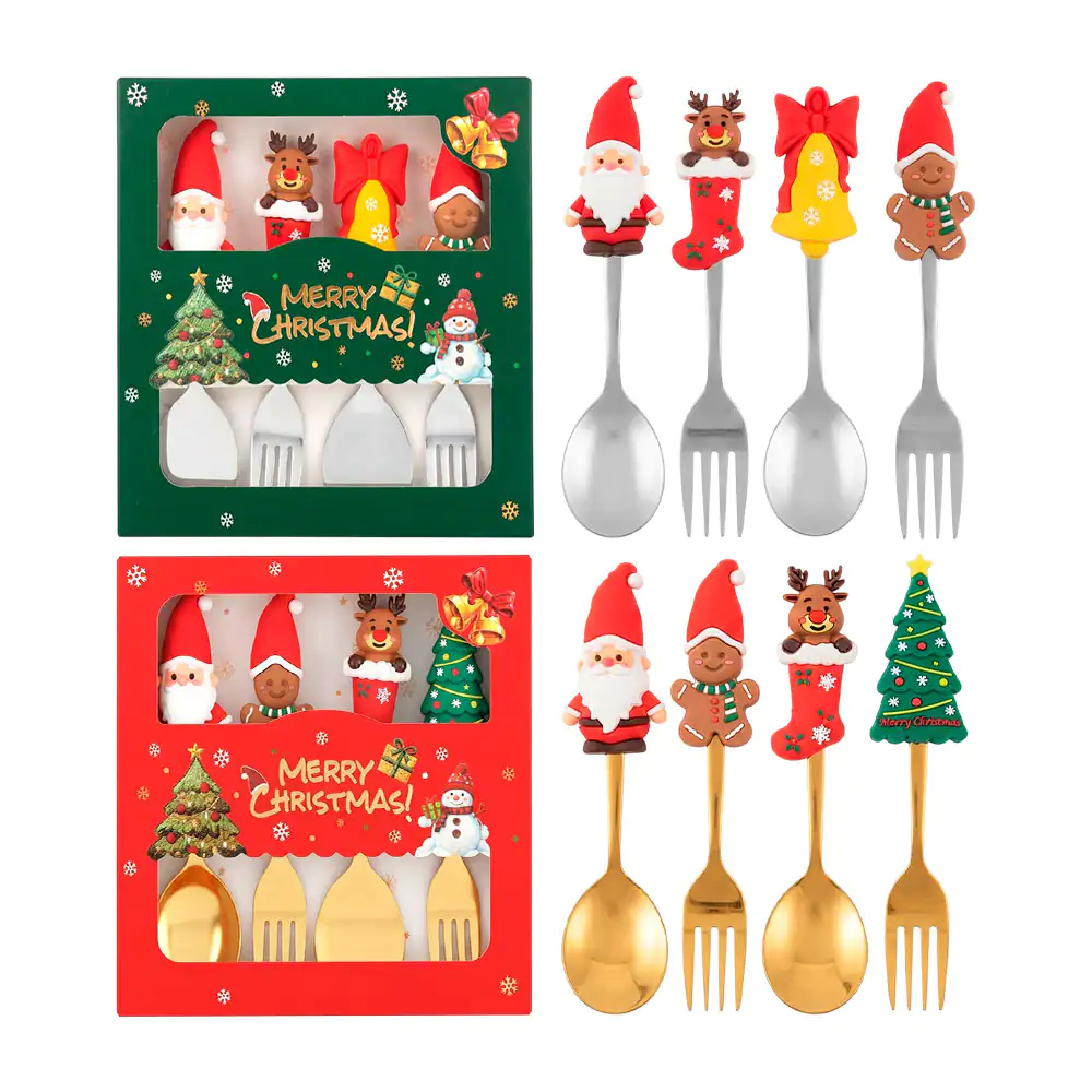 Juego de 4 cubiertos metálicos con figuras navideñas de silicón, vari…